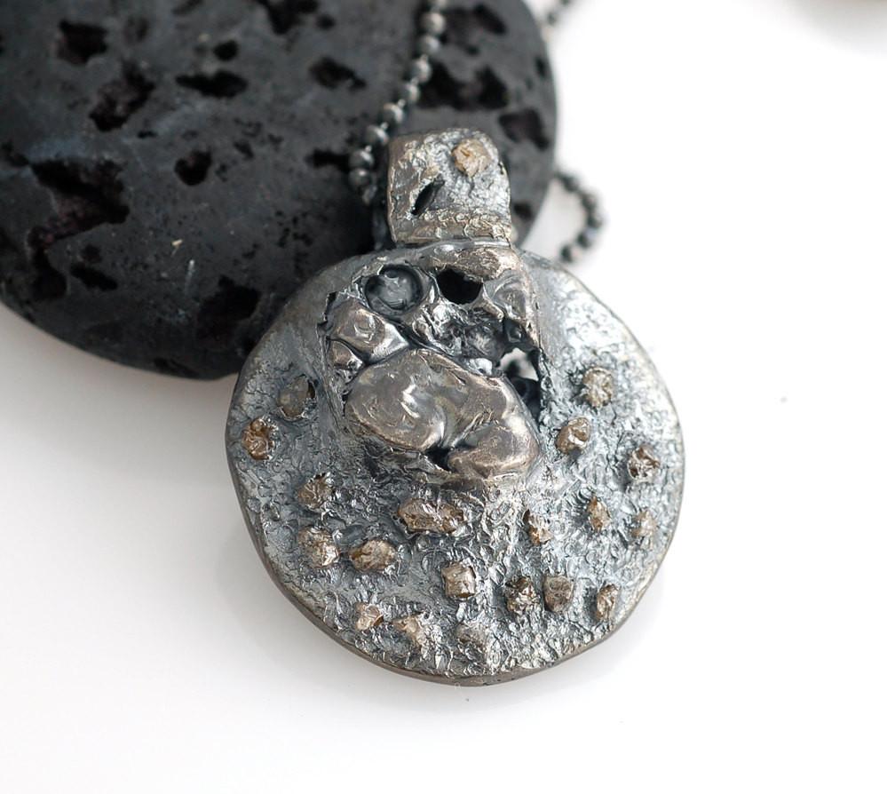 Lunar Landscape Pendant in Sterling Silver with Rough Diamonds - Ready to Ship - Beth Cyr Handmade Jewelry