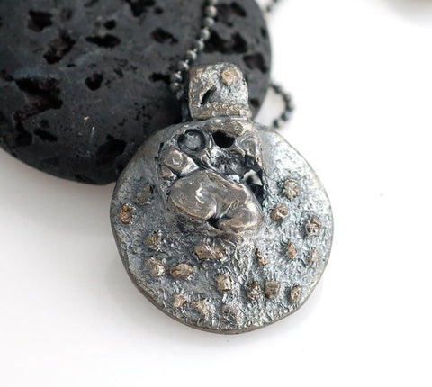 Lunar Landscape Pendant in Sterling Silver with Rough Diamonds - Ready to Ship - Beth Cyr Handmade Jewelry