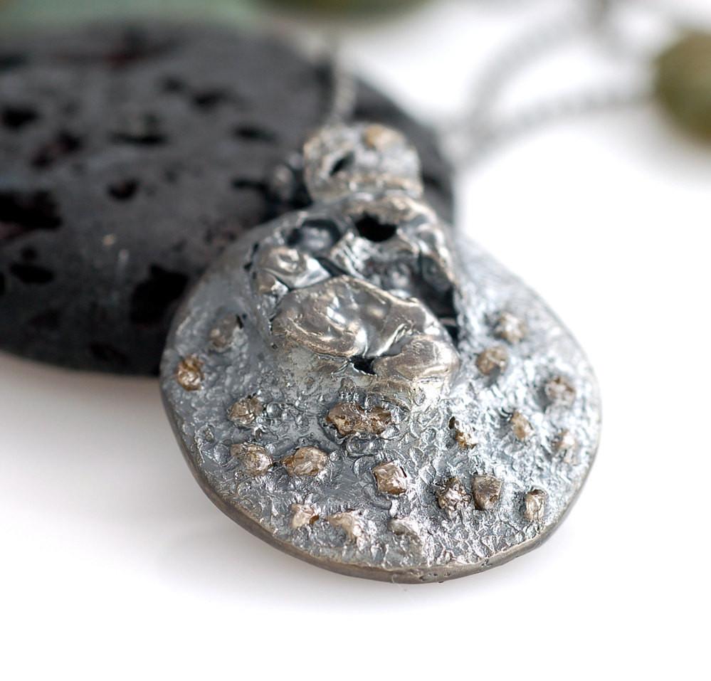 Lunar Landscape Pendant in Sterling Silver with Rough Diamonds - Ready to Ship - Beth Cyr Handmade Jewelry