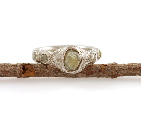 Tree Bark Love Knot Ring with Rough Sapphire and Diamonds in Palladium/Silver - size 7 - Ready to Ship - Beth Cyr Handmade Jewelry