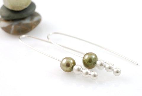 Moon Drop Earrings - Green Pearl and Argentium Sterling Silver - Ready to Ship - Beth Cyr Handmade Jewelry
