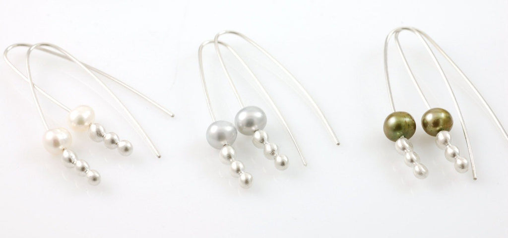 Moon Drop Earrings - White Pearl and Argentium Sterling Silver - Ready to Ship - Beth Cyr Handmade Jewelry
