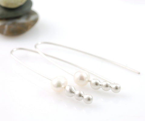 Moon Drop Earrings - White Pearl and Argentium Sterling Silver - Ready to Ship - Beth Cyr Handmade Jewelry