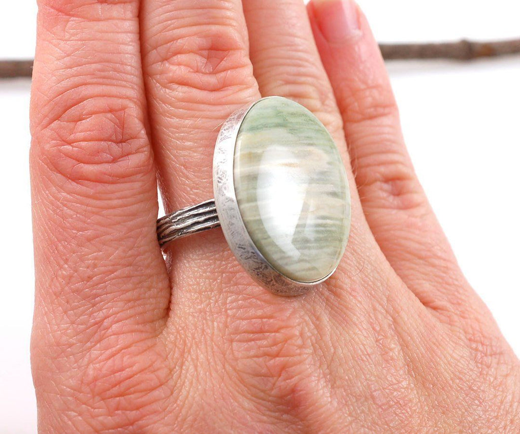 Petrified Wood and Tree Bark Texture Ring in Sterling Silver - size 7 - Ready to Ship - Beth Cyr Handmade Jewelry
