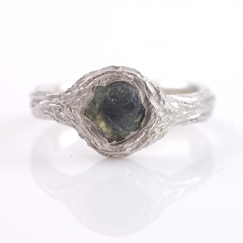 Tree Bark Ring with Rough Green Sapphire in Palladium Sterling Silver - size 6 - Ready to Ship - Beth Cyr Handmade Jewelry