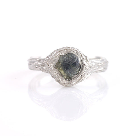 Tree Bark Ring with Rough Green Sapphire in Palladium Sterling Silver - size 6 - Ready to Ship - Beth Cyr Handmade Jewelry
