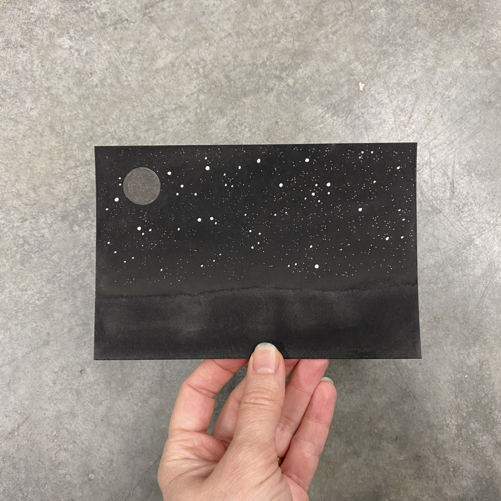 Winter Night Sky 14 - A new moon with Aries and Pisces - 4 x 6 - Original Drawing