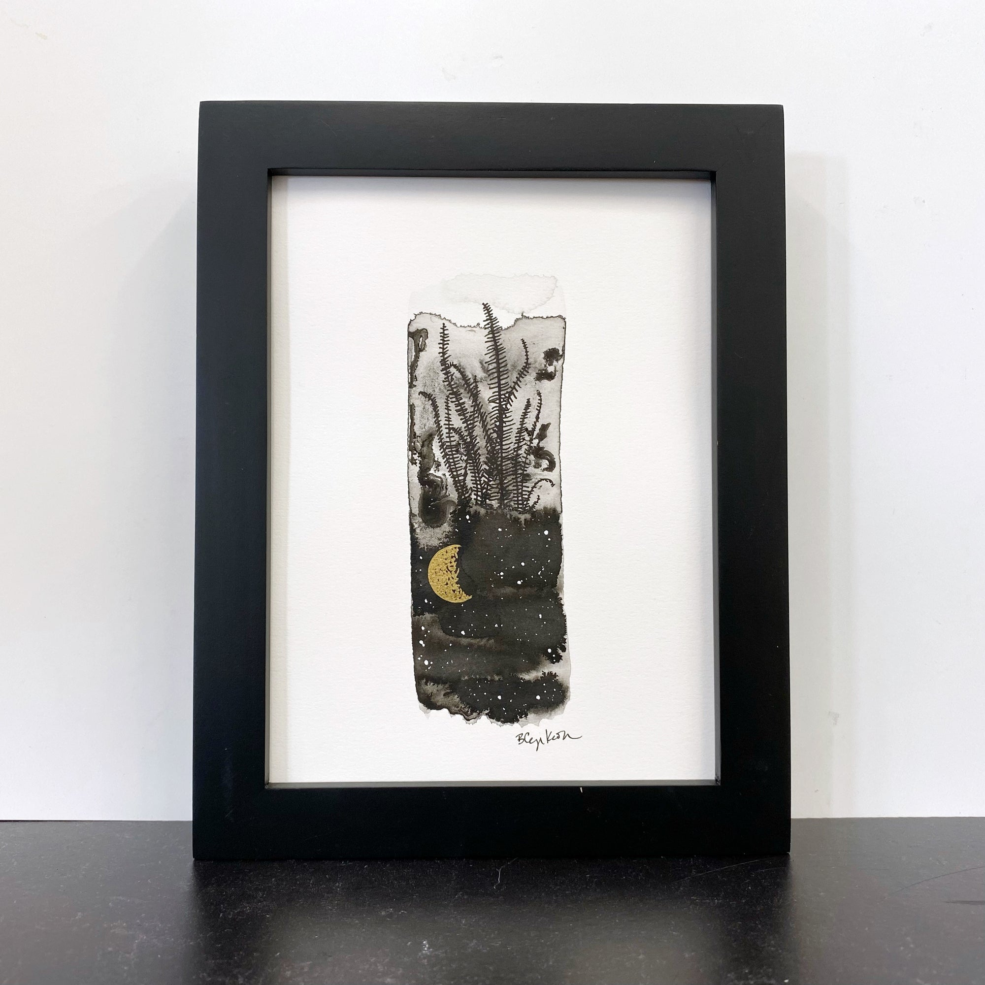 Beauty in the Upside Down 36 - Tall Fern and Crescent Moon - Original Drawing - 6”x8”