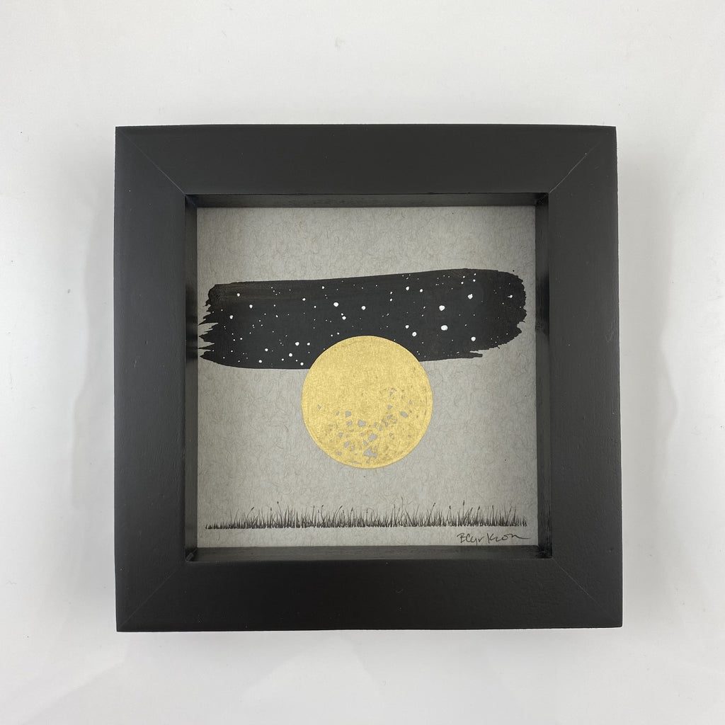 Grassy Meadow, Harvest Moon, the Hare Constellation - Grey and Gold Collection #16 - Original drawing - 4"x4"