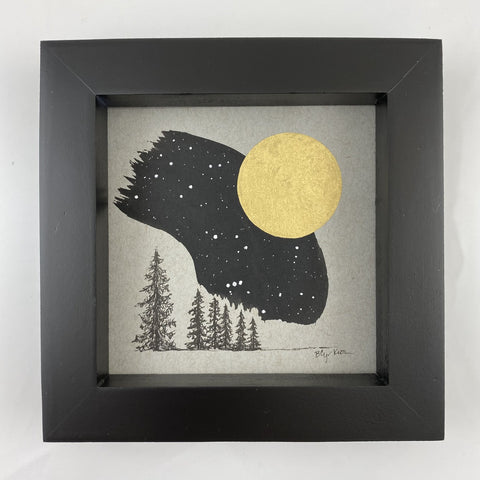 Full Moon, Tree Family, Partial Orion and Friends - Grey and Gold Collection #14 - Original drawing - 4"x4"