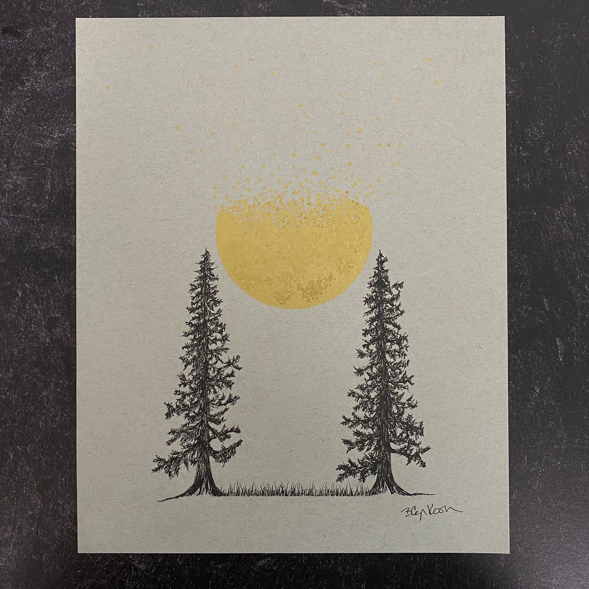 Tree Pair with Coalescing and Disintegrating Moon - Grey and Gold Collection 
