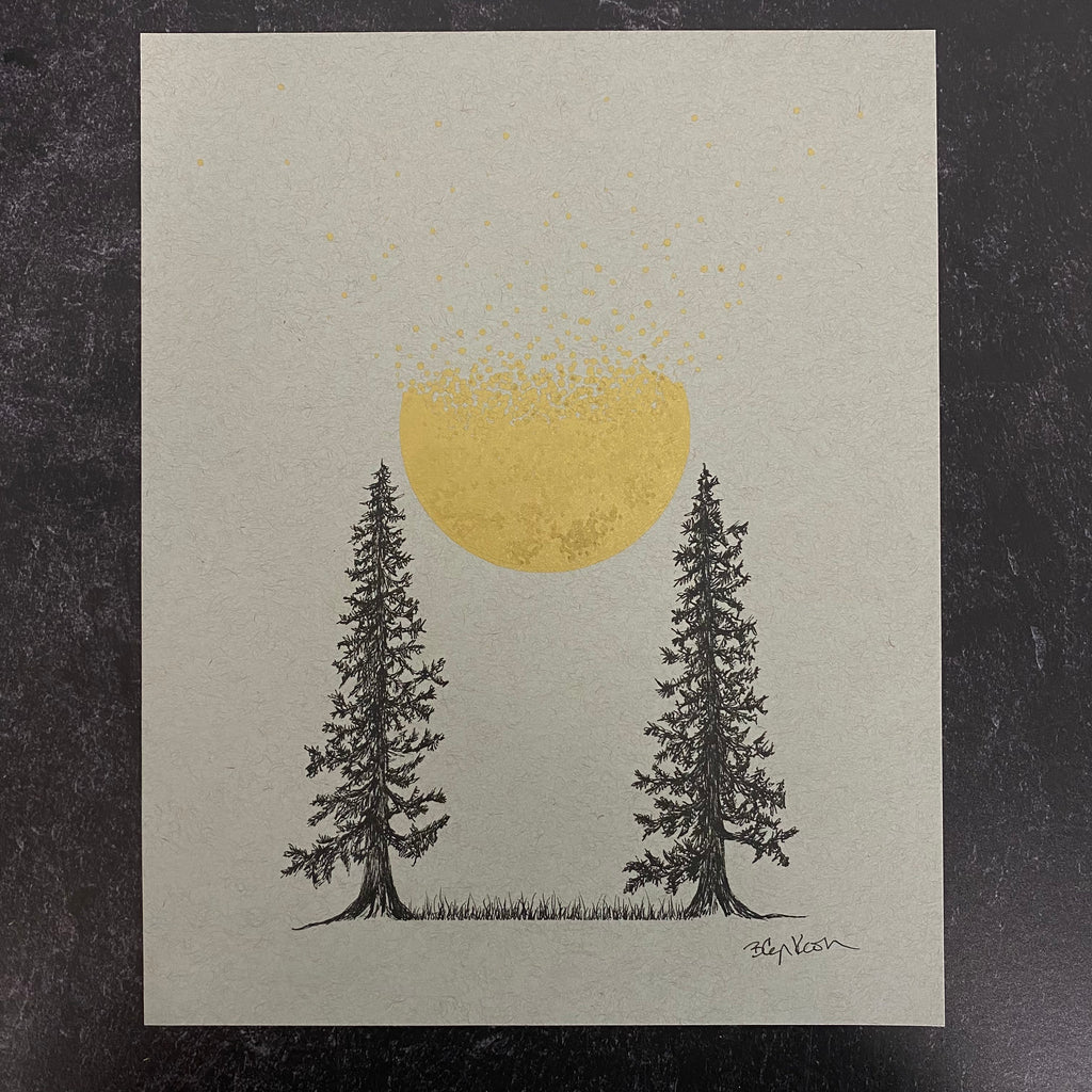 Tree Pair with Coalescing and Disintegrating Moon - Grey and Gold Collection #67 - Original Drawing - 8" x 10"