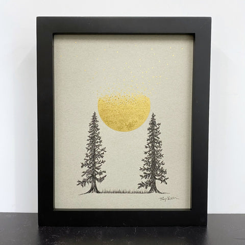 Tree Pair with Coalescing and Disintegrating Moon - Grey and Gold Collection #67 - Original Drawing - 8" x 10"