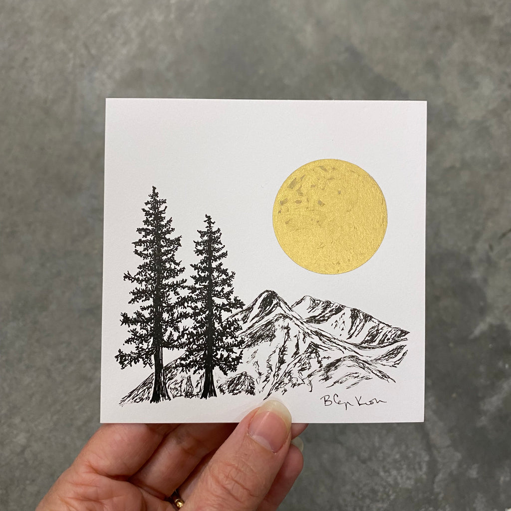 Mountain and trees and full moon - Original Drawing - 4" x 4"