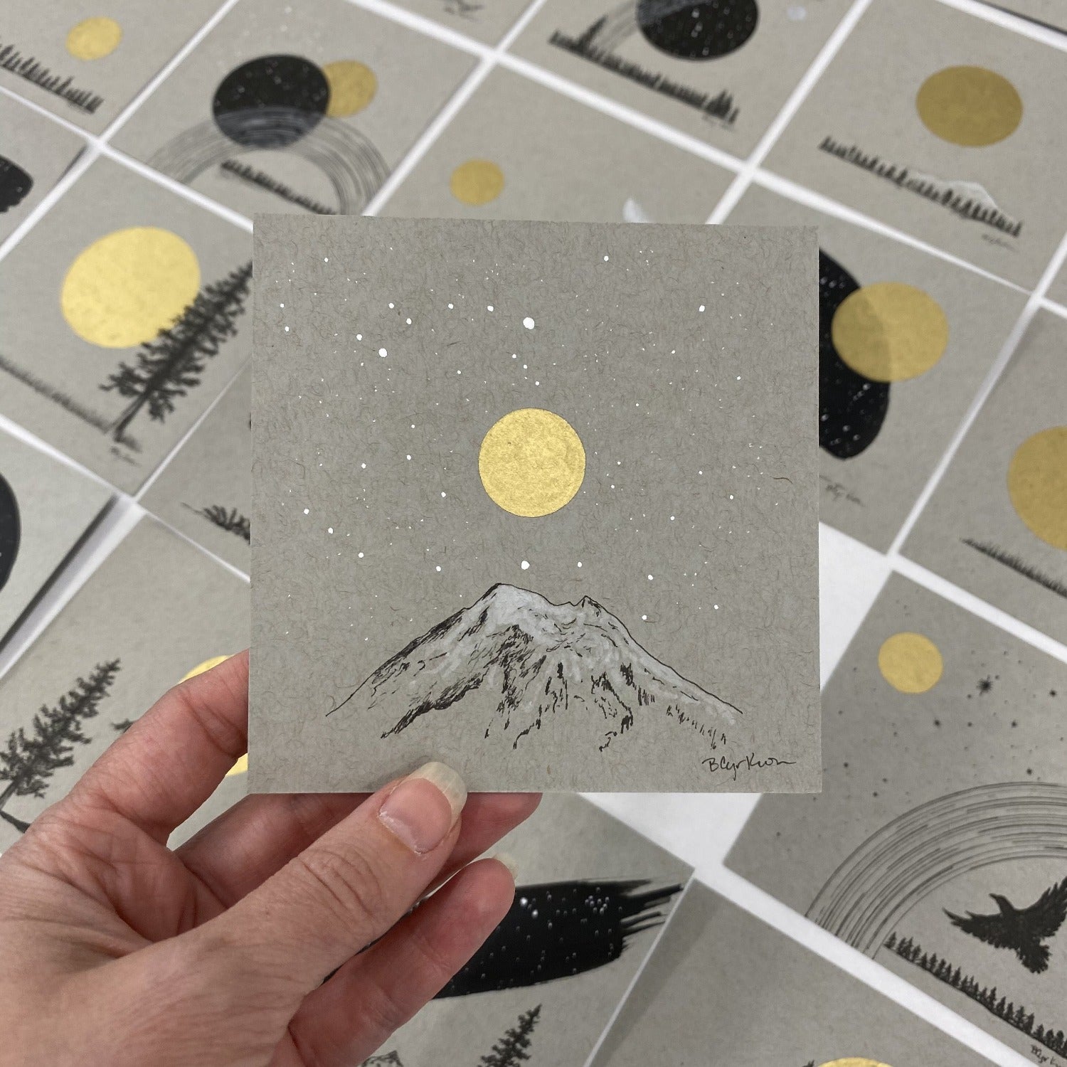 Mt. Baker Inspired Snowy Mountain and Moon with Little Dipper - Grey and Gold Collection 