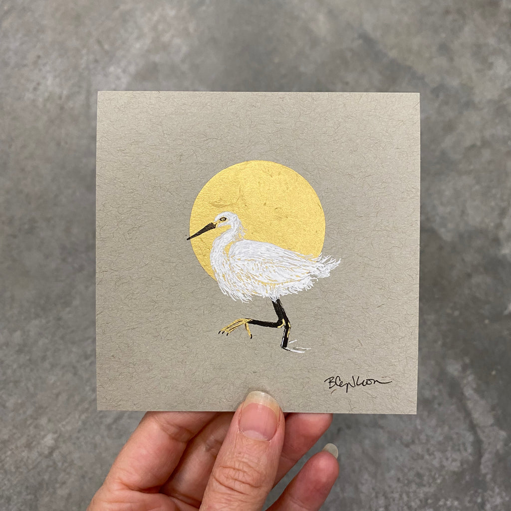 Snowy Egret - Grey and Gold Collection #62 - Original drawing - 4"x4"
