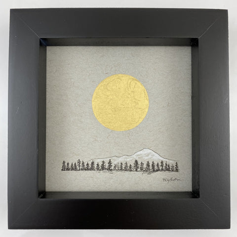 Giant Gold Moon over Snowy Mountain Tree Line - Grey and Gold Collection #9 - Original drawing - 4"x4"