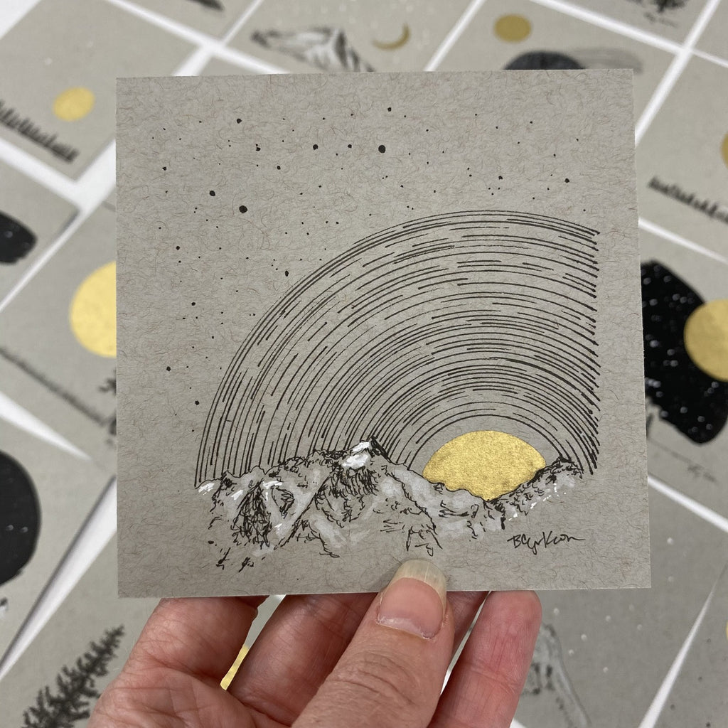 Star Trails over the Rising Moon and Mountains with Little Dipper - Grey and Gold Collection #10 - Original drawing - 4"x4"