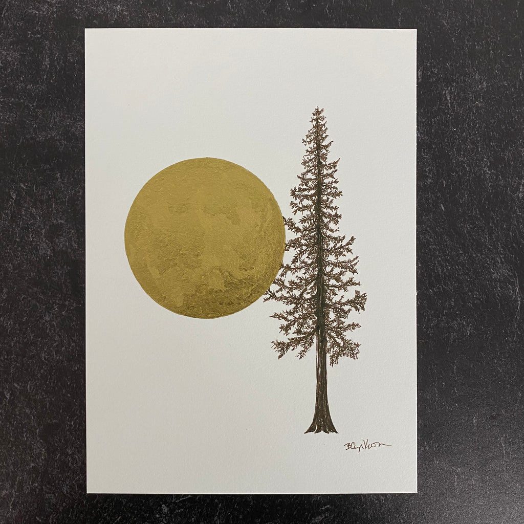 Giant Full moon with tall tree in brown ink - Original Drawing - 5" x 7"