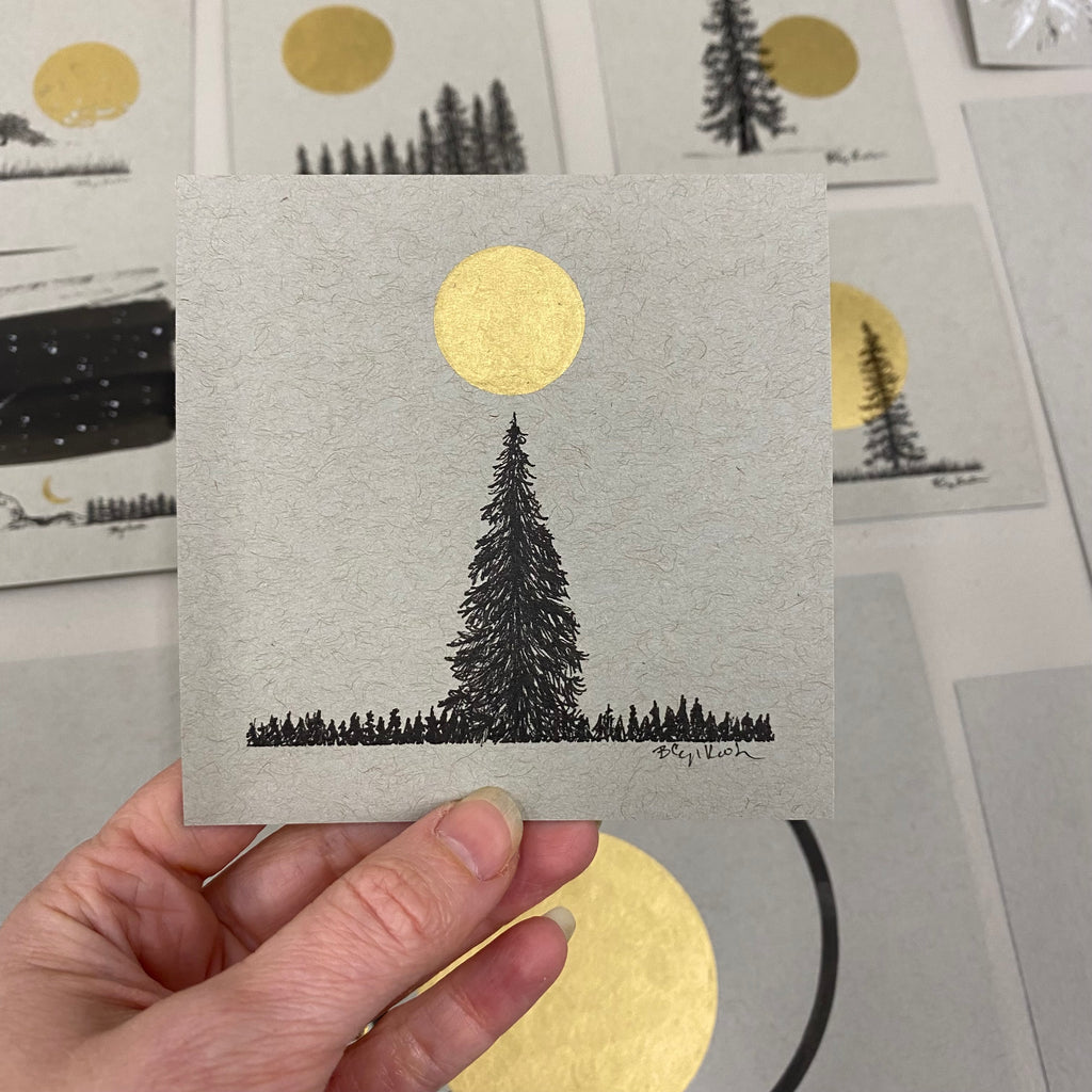 Big Tree, little trees and the Moon on top - Grey and Gold Collection #34 - Original drawing - 4"x4"