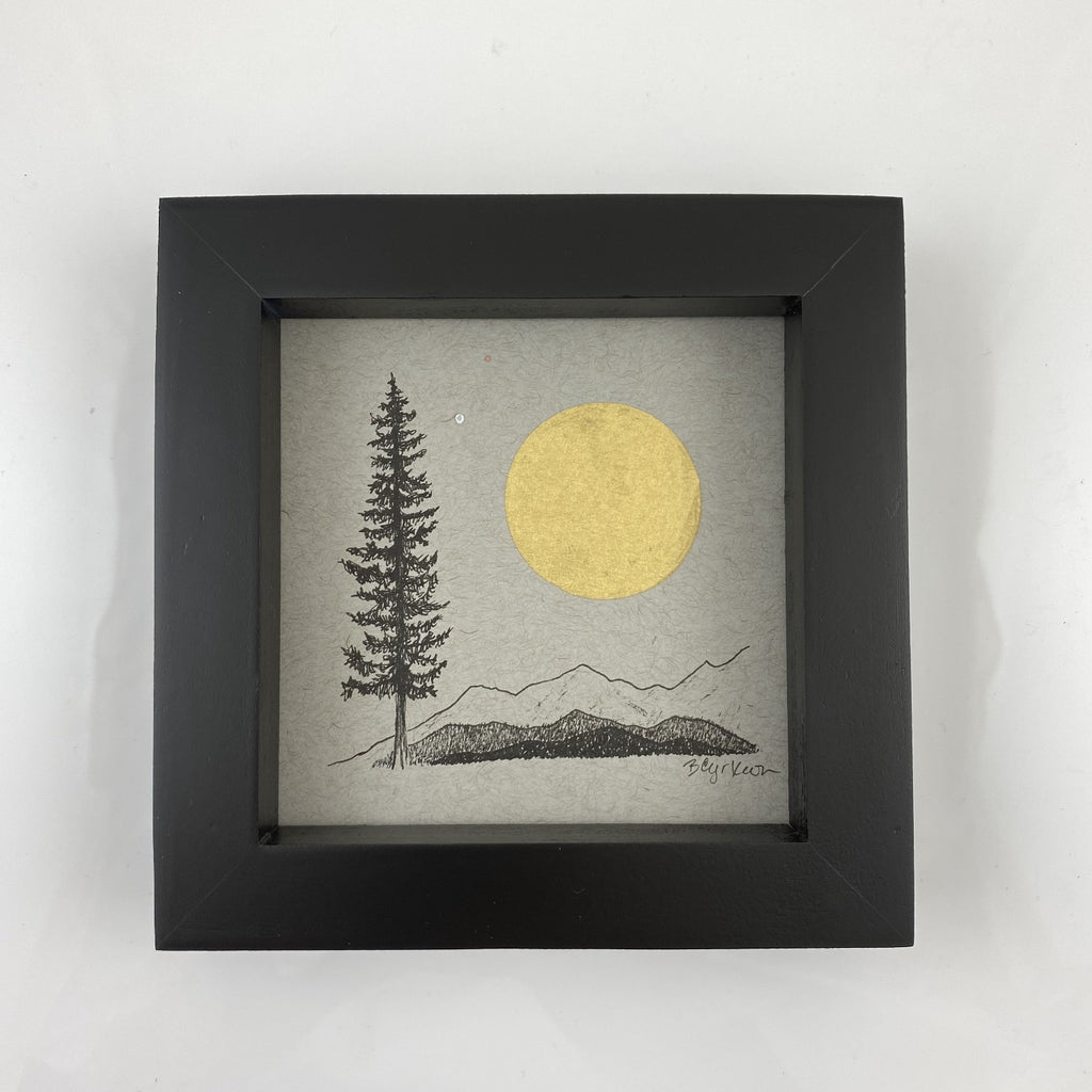 Tree, Moon with Mars and Venus Friends - Grey and Gold Collection #6 - Original drawing - 4"x4"