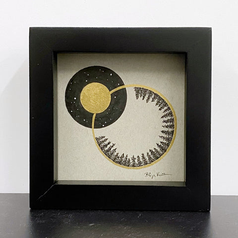 Full Moon Tree Circle - Grey and Gold Collection - Original drawing - 4"x4"
