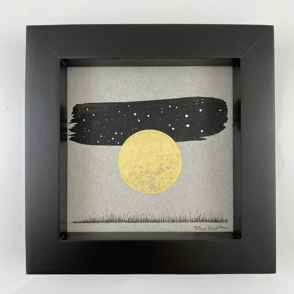 Grassy Meadow, Harvest Moon, the Hare Constellation - Grey and Gold Collection #16 - Original drawing - 4"x4"