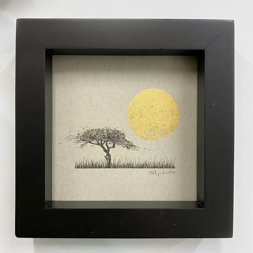 Acacia Tree, Moon and Grassland - Grey and Gold Collection #38 - Original drawing - 4"x4"