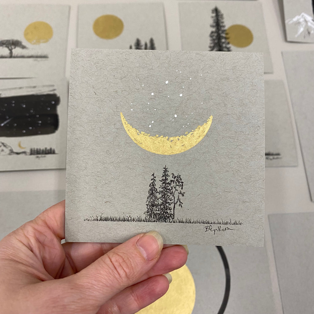 Crescent moon, Libra constellation and Tree Trio - Grey and Gold Collection #32 - Original drawing - 4"x4"