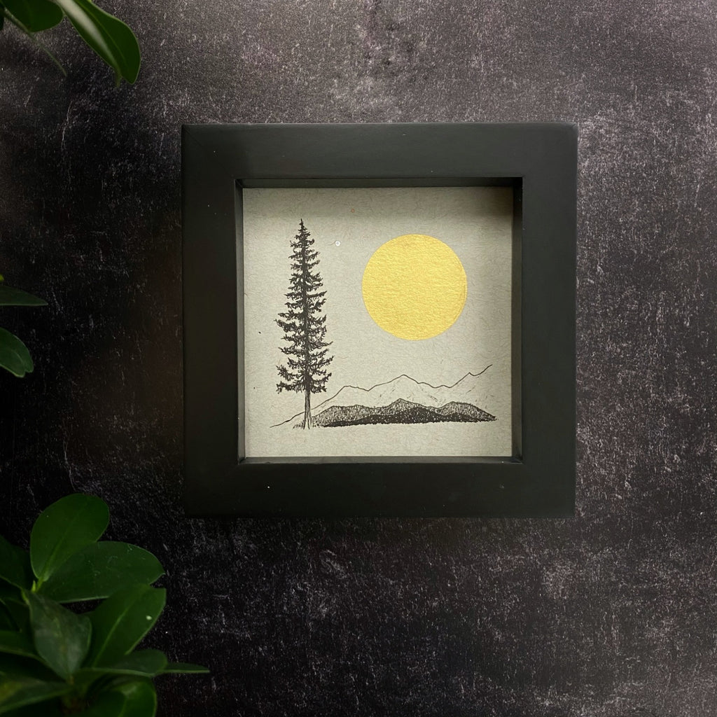 Daytime Moon, Sun, Mountain, Water and Solo Tree - Grey and Gold Collection #13 - Original drawing - 4"x4"