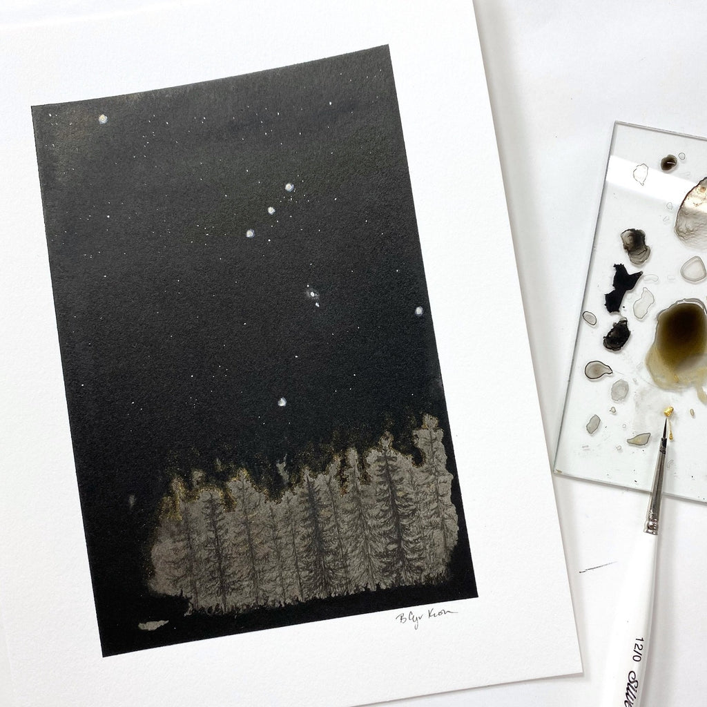 Winter Night Sky 25 - Orion over the misty trees - 6 x 8 - Original Drawing