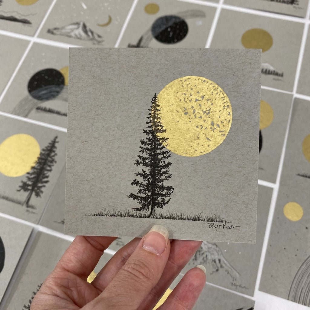 Centered Tree and Solo Moon - Grey and Gold Collection #25 - Original drawing - 4"x4"