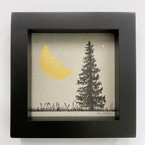 Half Moon, Large Tree on a Summer Night - Grey and Gold Collection #53 - Original drawing - 4"x4"