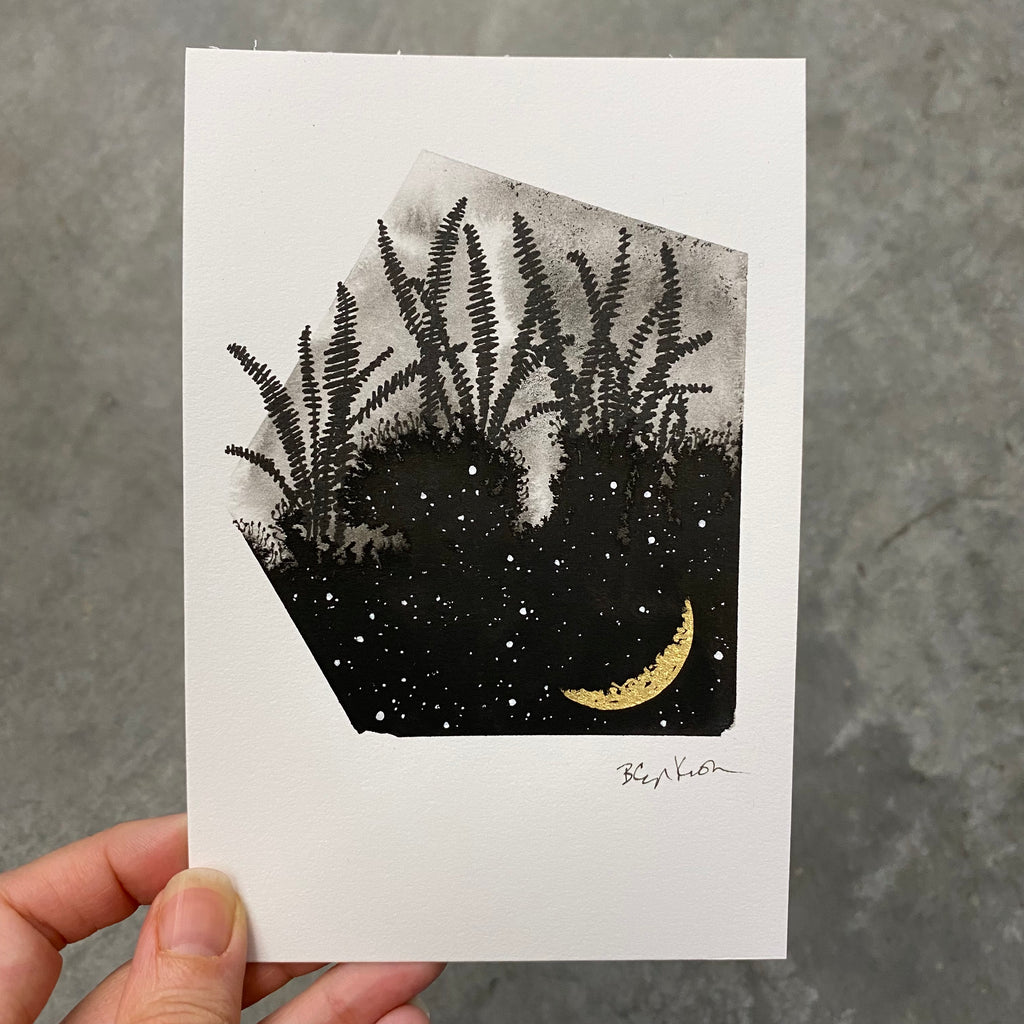 Beauty in the Upside Down 32 - Ferns and Crescent Moon - Original Drawing - 4”x6”