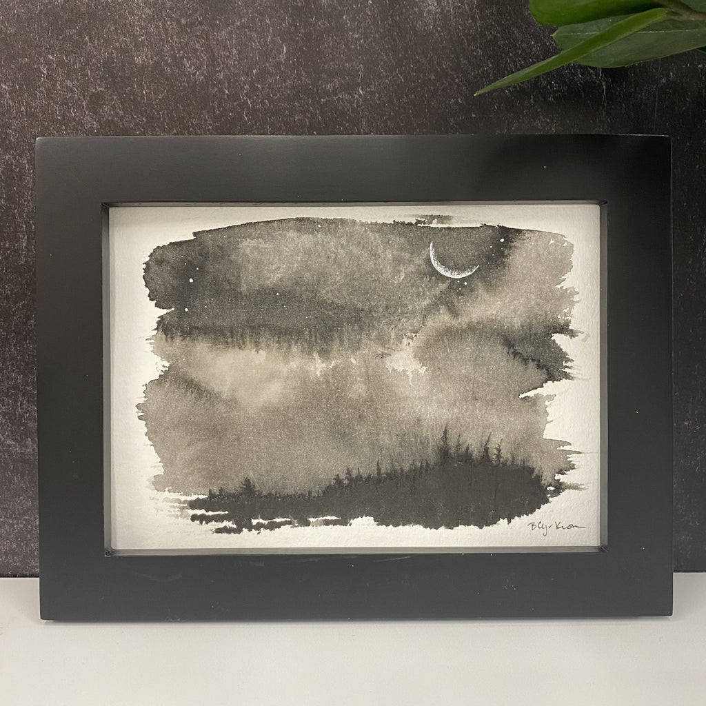 Winter Night Sky 6 - Moody clouds and a crescent moon - 5 x 7 - Original Drawing