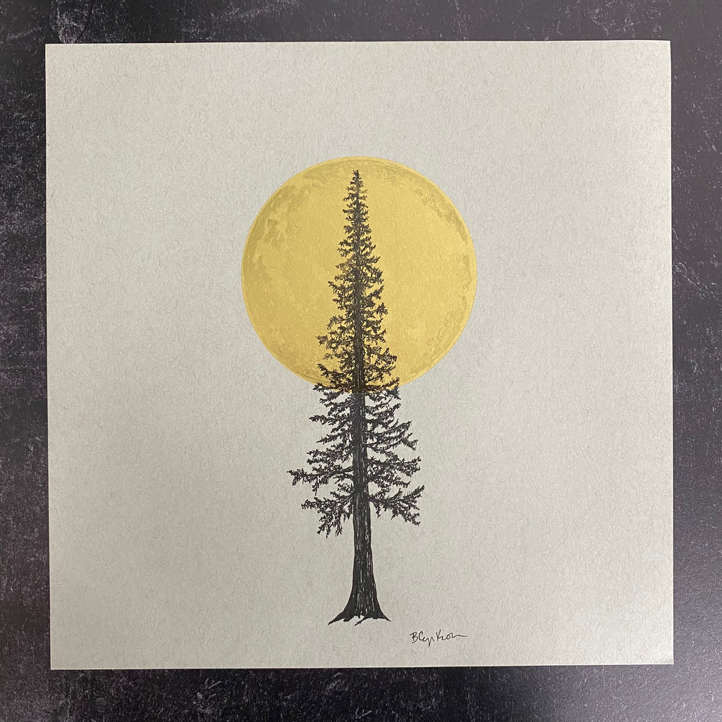 Super Moon and Tall Tree - Grey and Gold Collection #69 - Original Drawing - 11" x 11"