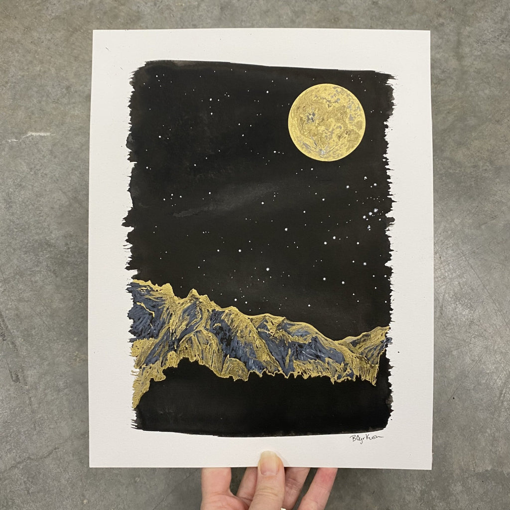 Winter Night Sky 28 - Golden mountains, monoceros, and full moon and - 8.5 x 11 - Original Drawing