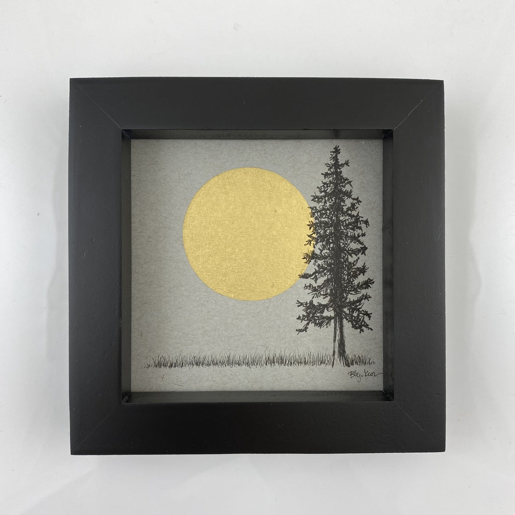 Supermoon and Solo Tree - Grey and Gold Collection #17 - Original drawing - 4"x4"