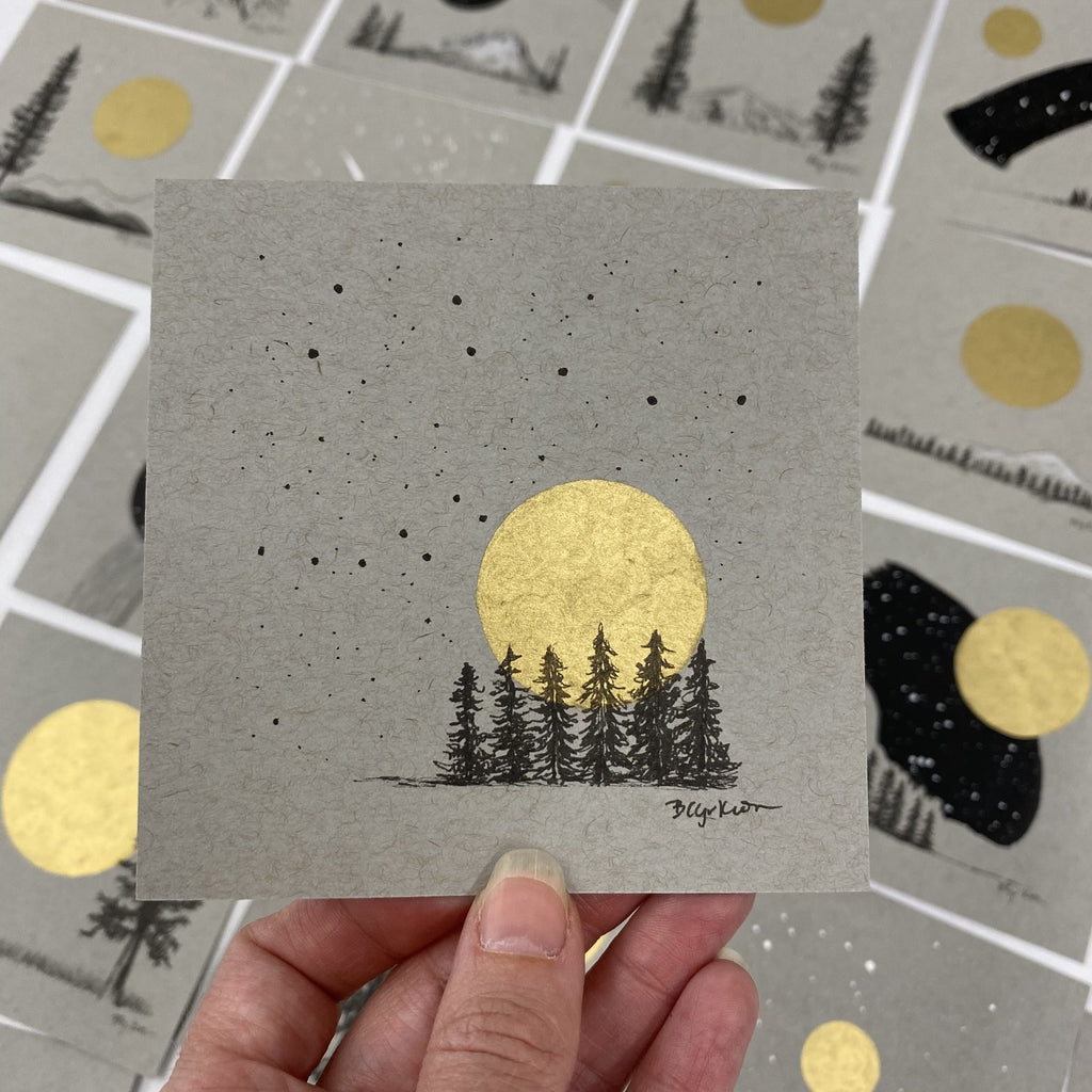 Big and Little Dippers over the Rising Moon - Grey and Gold Collection #5 - Original drawing - 4"x4"