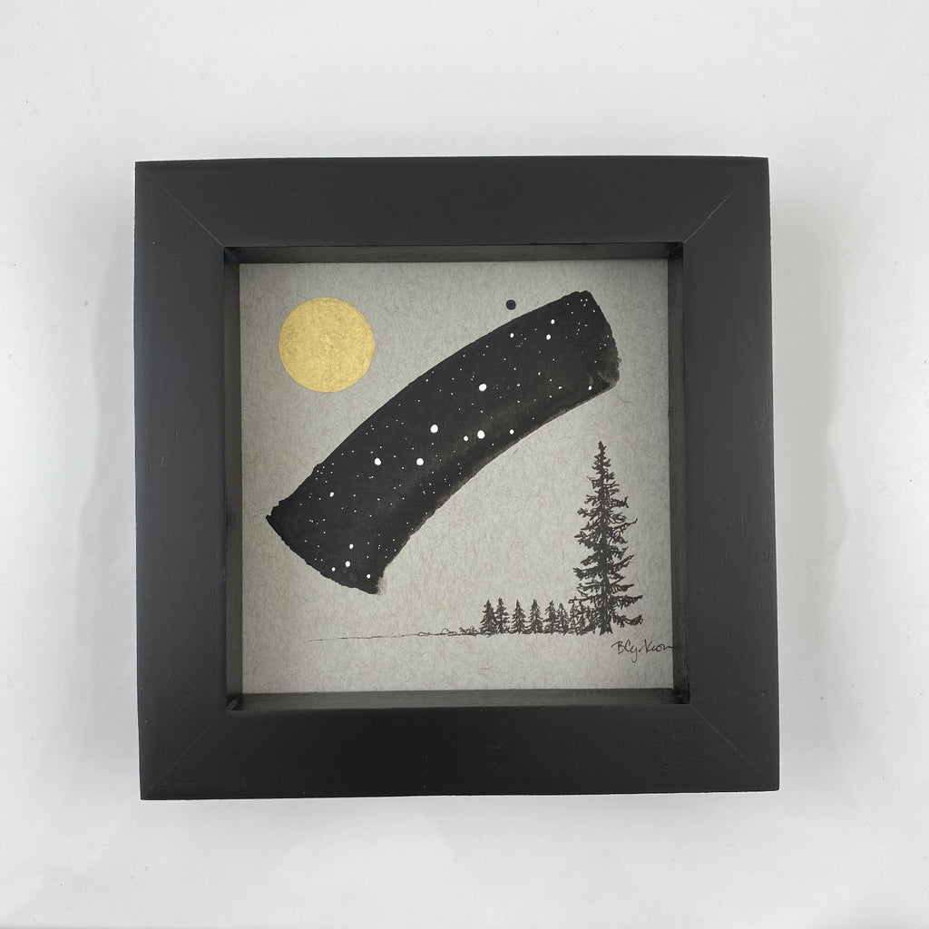 Cassiopeia, Moon and Tree Family - Grey and Gold Collection #4- Original drawing - 4"x4"