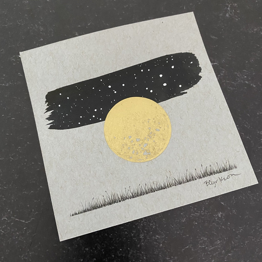Grassy Meadow, Harvest Moon, the Hare Constellation - Grey and Gold Collection #16 - Original drawing - 4"x4"