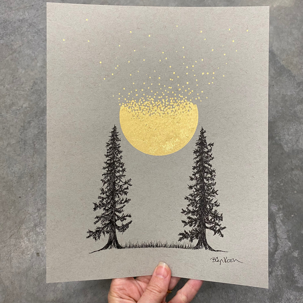 Tree Pair with Coalescing and Disintegrating Moon - Grey and Gold Collection #67 - Original Drawing - 8" x 10"
