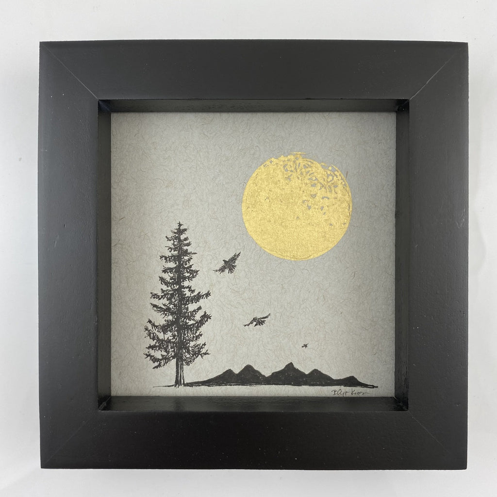 Bird and Mountain Silhouettes, Tree and Moon - Grey and Gold Collection #23 - Original drawing - 4"x4"