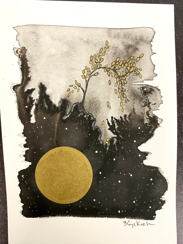Beauty in the Upside Down 60 - Bendy tree, Large Moon - Original Drawing - 5”x7”