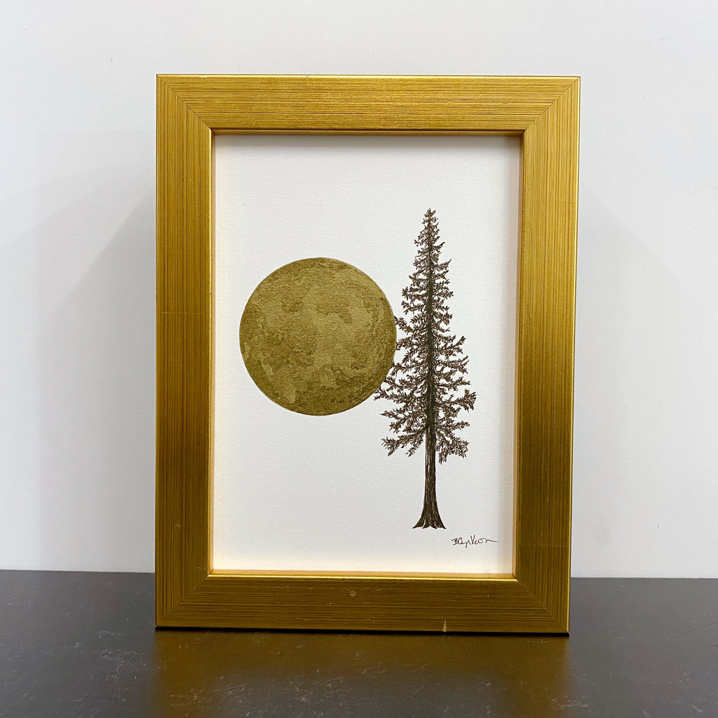 Giant Full moon with tall tree in brown ink - Original Drawing - 5" x 7"