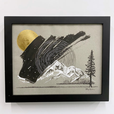 Orion, Star Trails, Mountain and Tree - Grey and Gold Collection #54 - Original drawing - 8"x10"