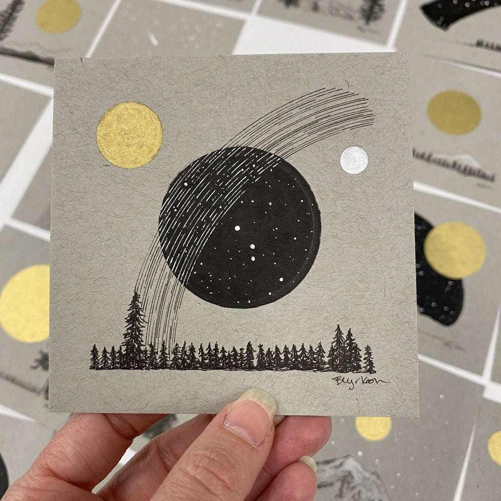 Aries, Star Trails, Sun and Moon over the Tree Line - Grey and Gold Collection #8 - Original drawing - 4"x4"