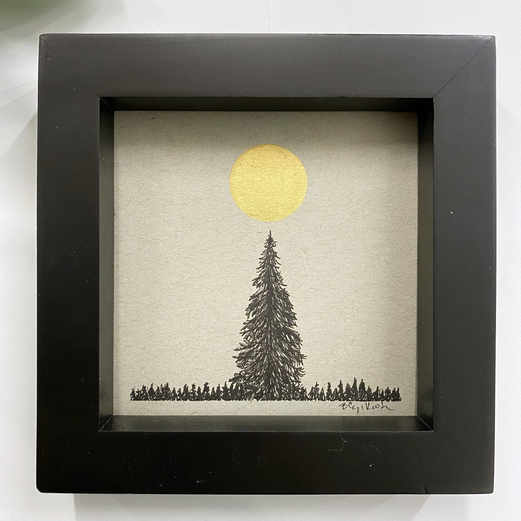 Big Tree, little trees and the Moon on top - Grey and Gold Collection #34 - Original drawing - 4"x4"