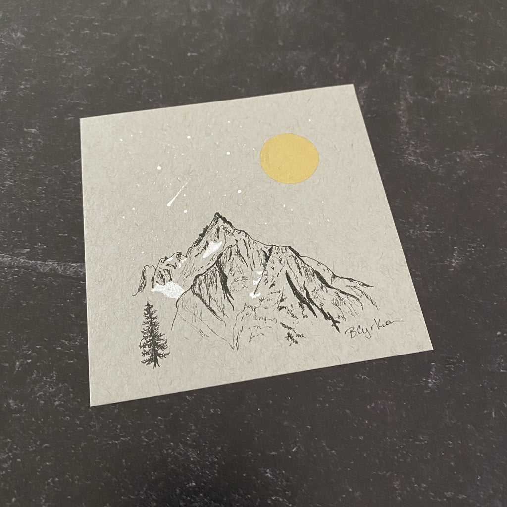 Mountain, Libra and Shooting Star - Grey and Gold Collection #1- Original drawing - 4"x4"