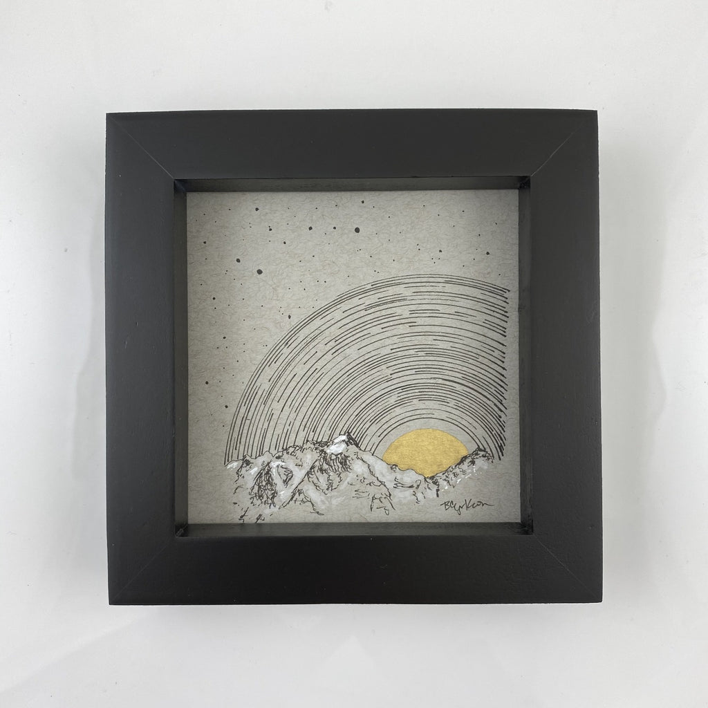 Star Trails over the Rising Moon and Mountains with Little Dipper - Grey and Gold Collection #10 - Original drawing - 4"x4"
